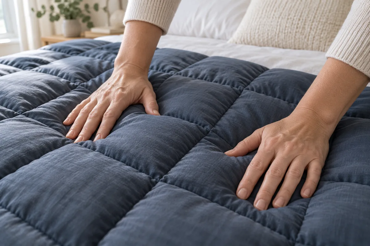 Deux mains pressent les compartiments carrés de la couverture lestée bleu ardoise posée sur un lit