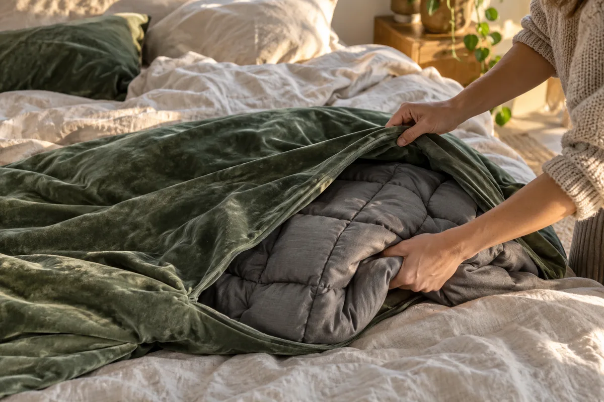Mains qui glissent une couverture lestée grise dans sa housse en velours vert sauge sur un lit défait