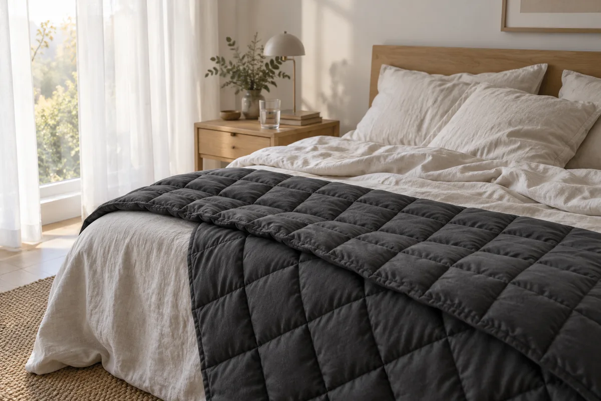 Couverture lestée gris anthracite repliée à moitié vers le pied du lit sur des draps de lin clair