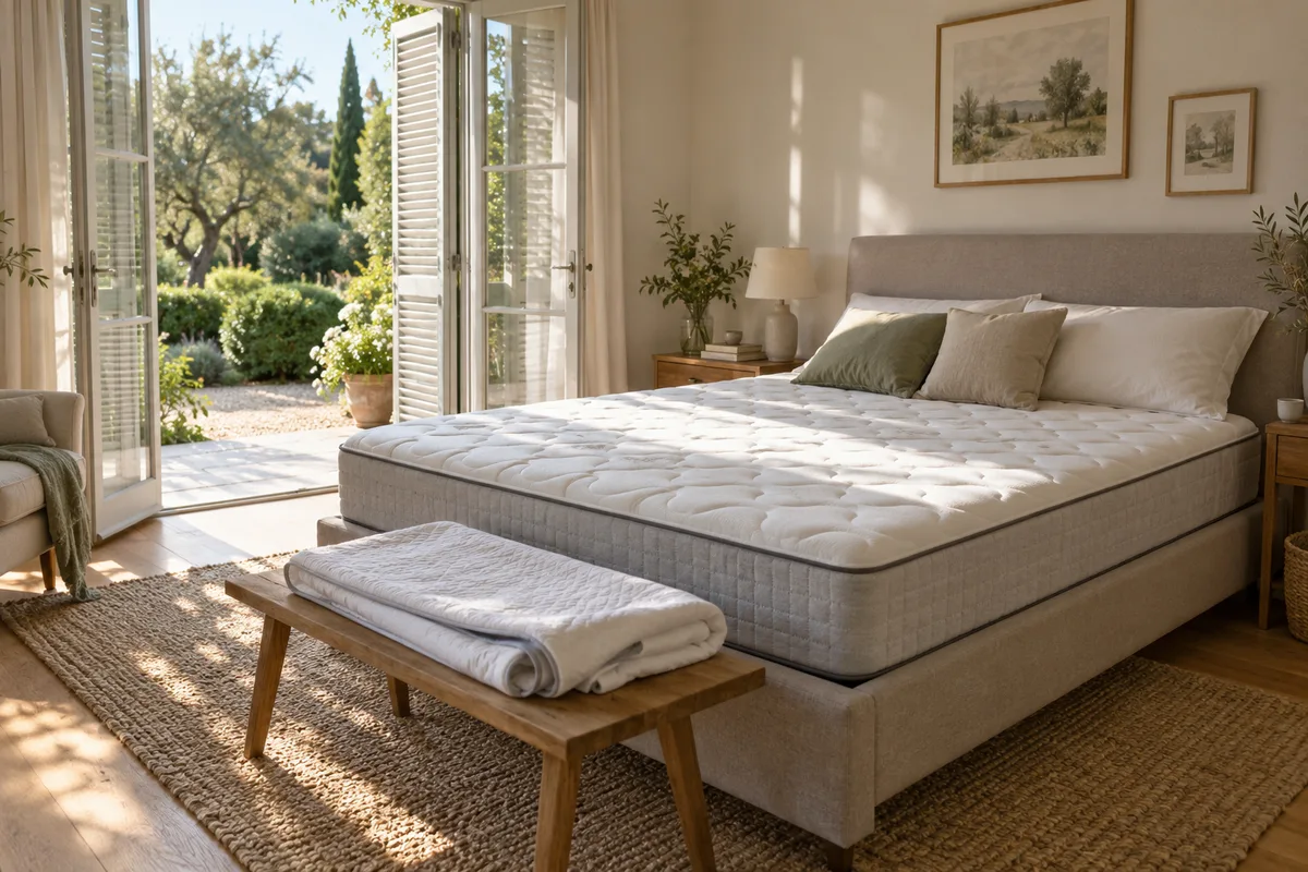 Matelas neuf déballé qui s’aère sur son sommier, volets ouverts sur un jardin et housse pliée au pied du lit