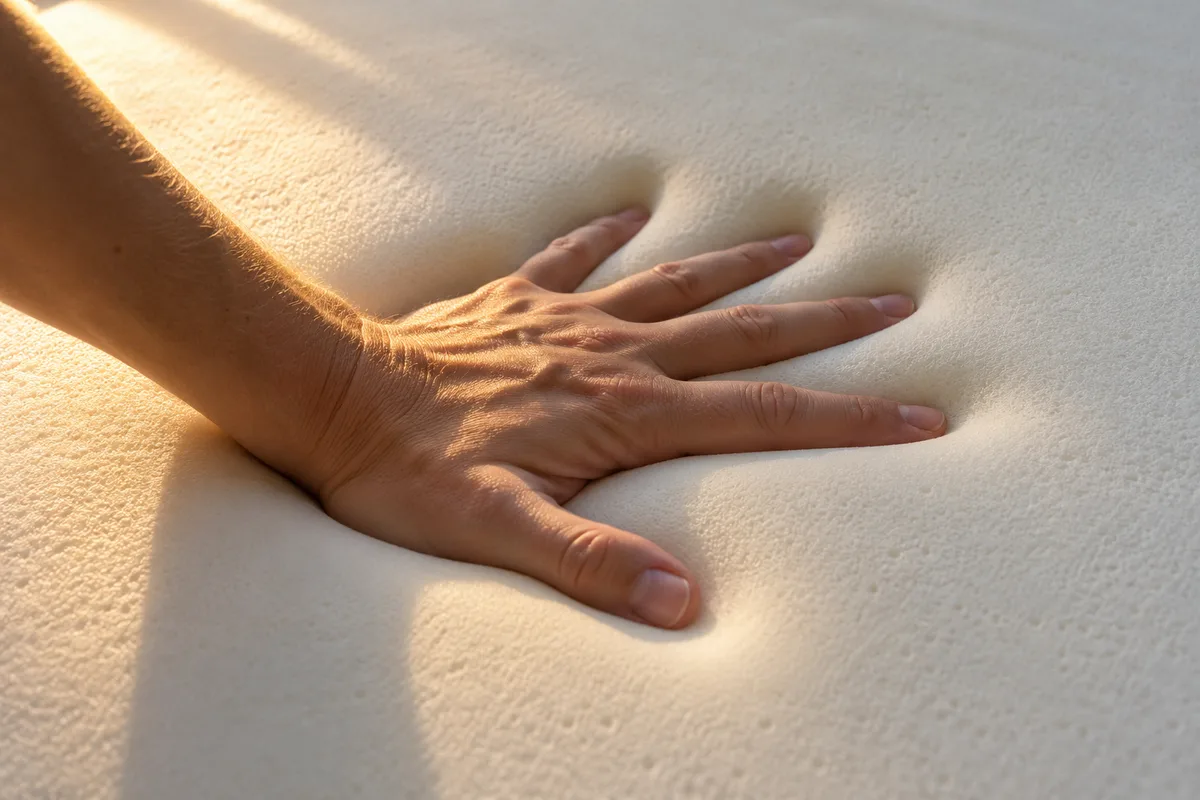 Main posée à plat sur un matelas à mémoire de forme nu, empreinte de la paume visible dans la mousse claire