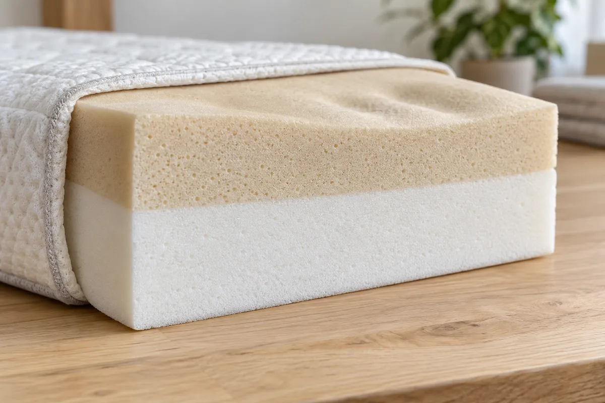 Coupe d’un matelas avec une couche de mousse viscoélastique beige sur une base de mousse blanche plus ferme