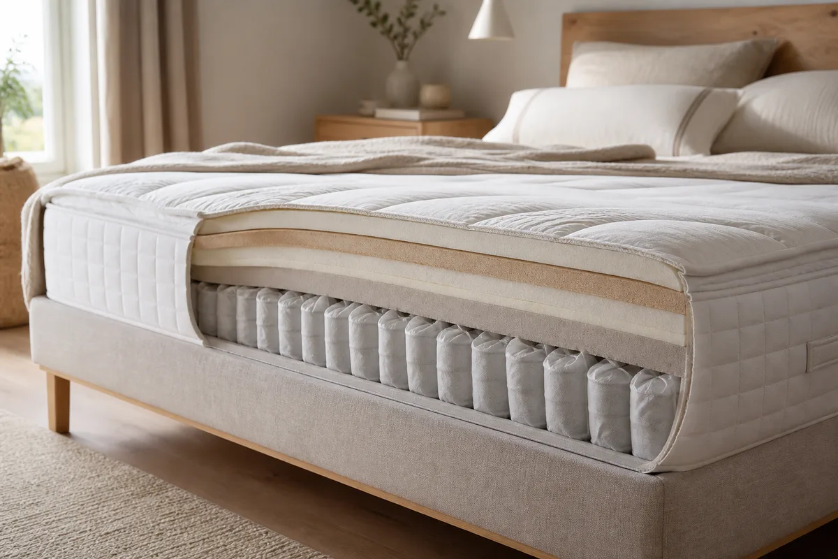 Coupe technique montrant les couches internes d’un matelas à ressorts ensachés et mousse