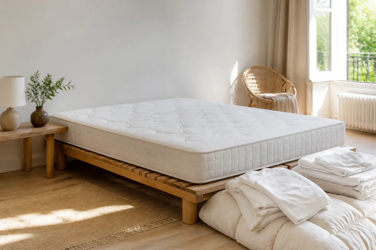 Chambre claire avec matelas nu aéré et linge de lit en coton posé sur un sommier à lattes