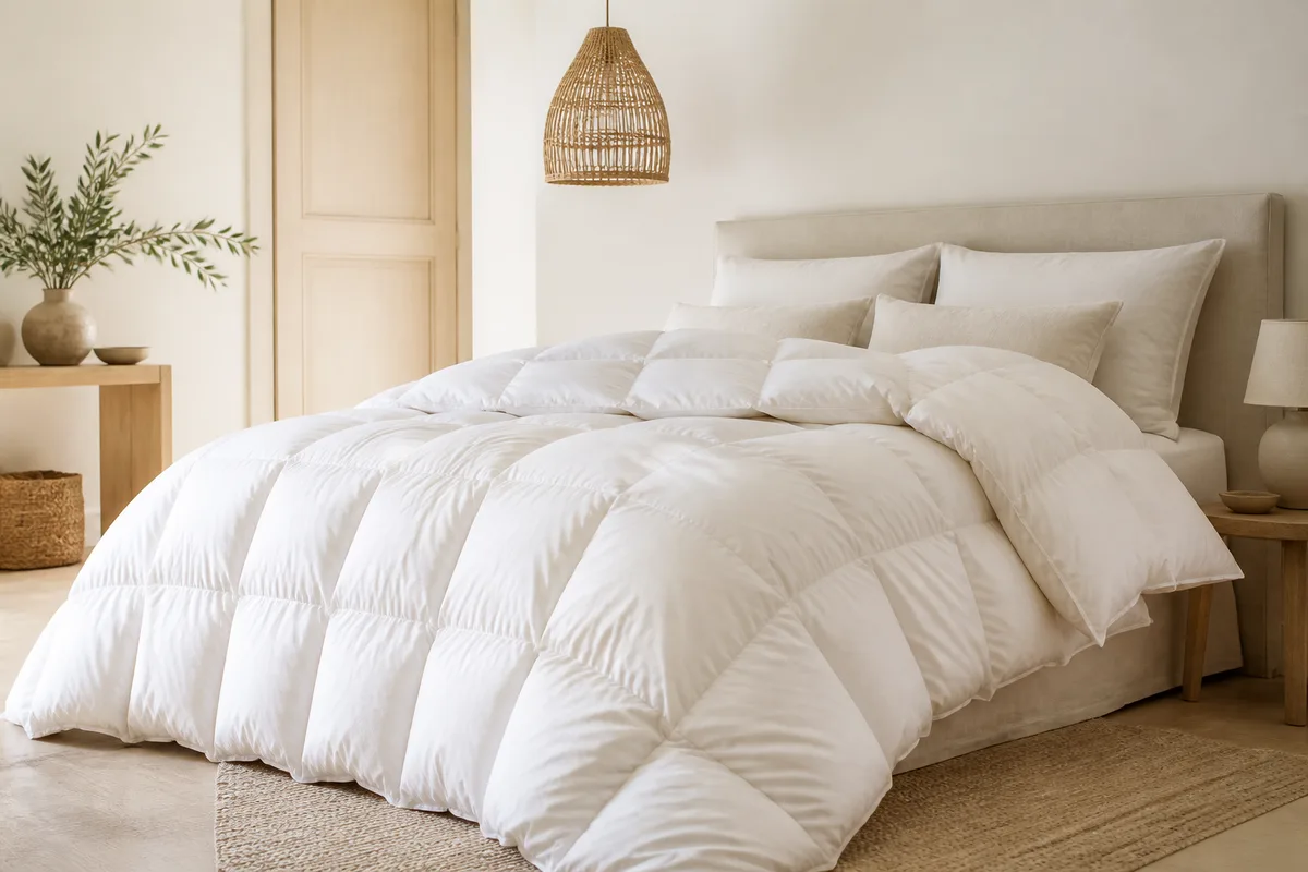 Couette en duvet gonflée sur un lit clair dans une chambre baignée de lumière douce