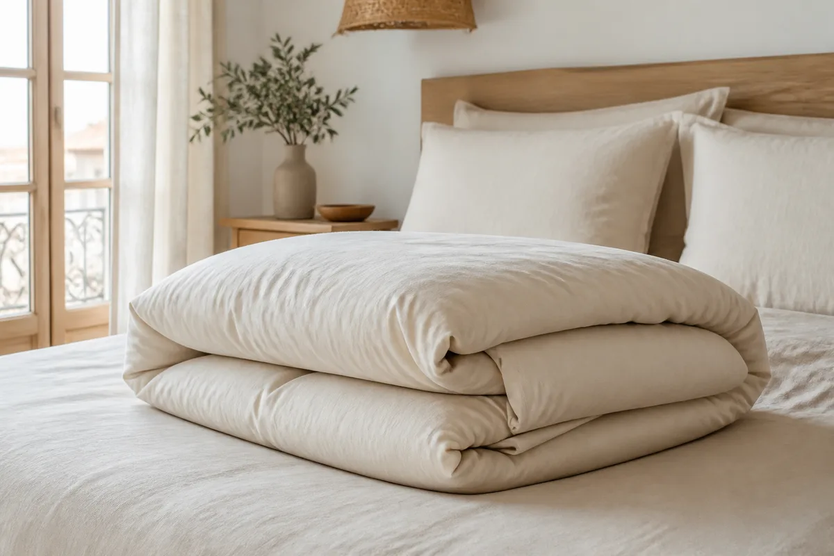 Couette pliée sur un lit avec housse en coton lavé et oreillers assortis