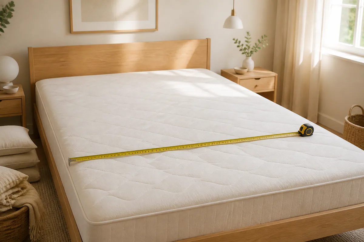Mètre ruban posé sur un matelas nu pour mesurer la largeur du couchage