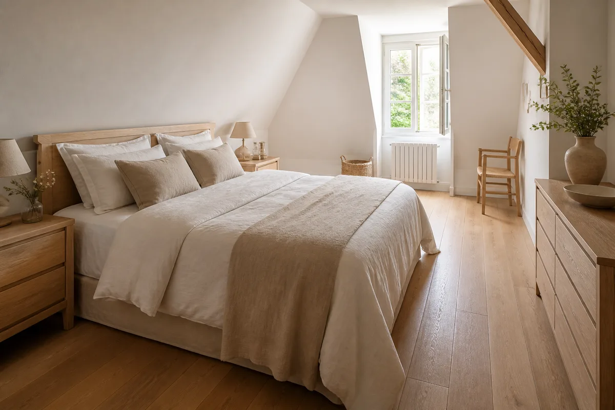 Chambre mansardée avec lit double positionné pour laisser un passage latéral libre