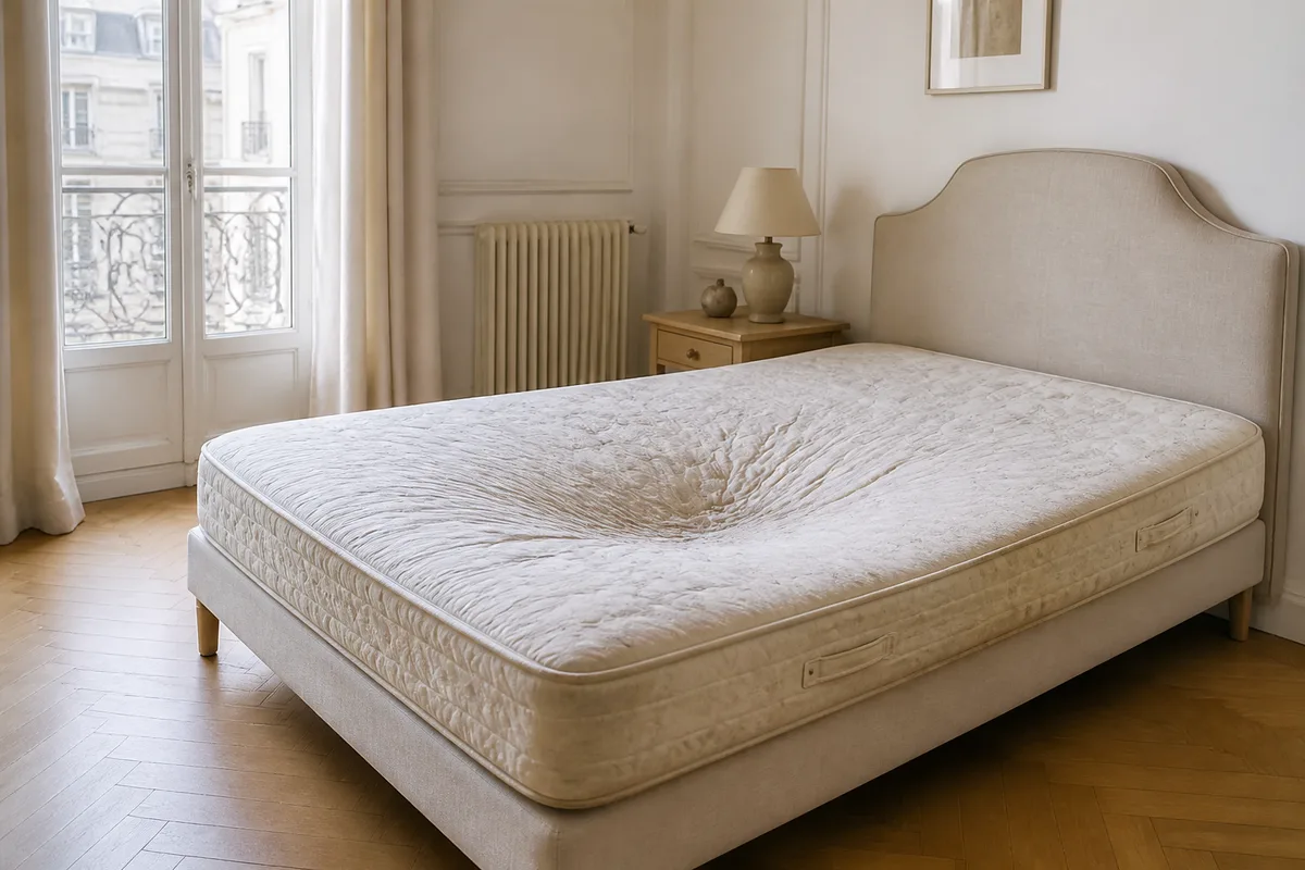 Matelas usé présentant un creux visible au centre du couchage