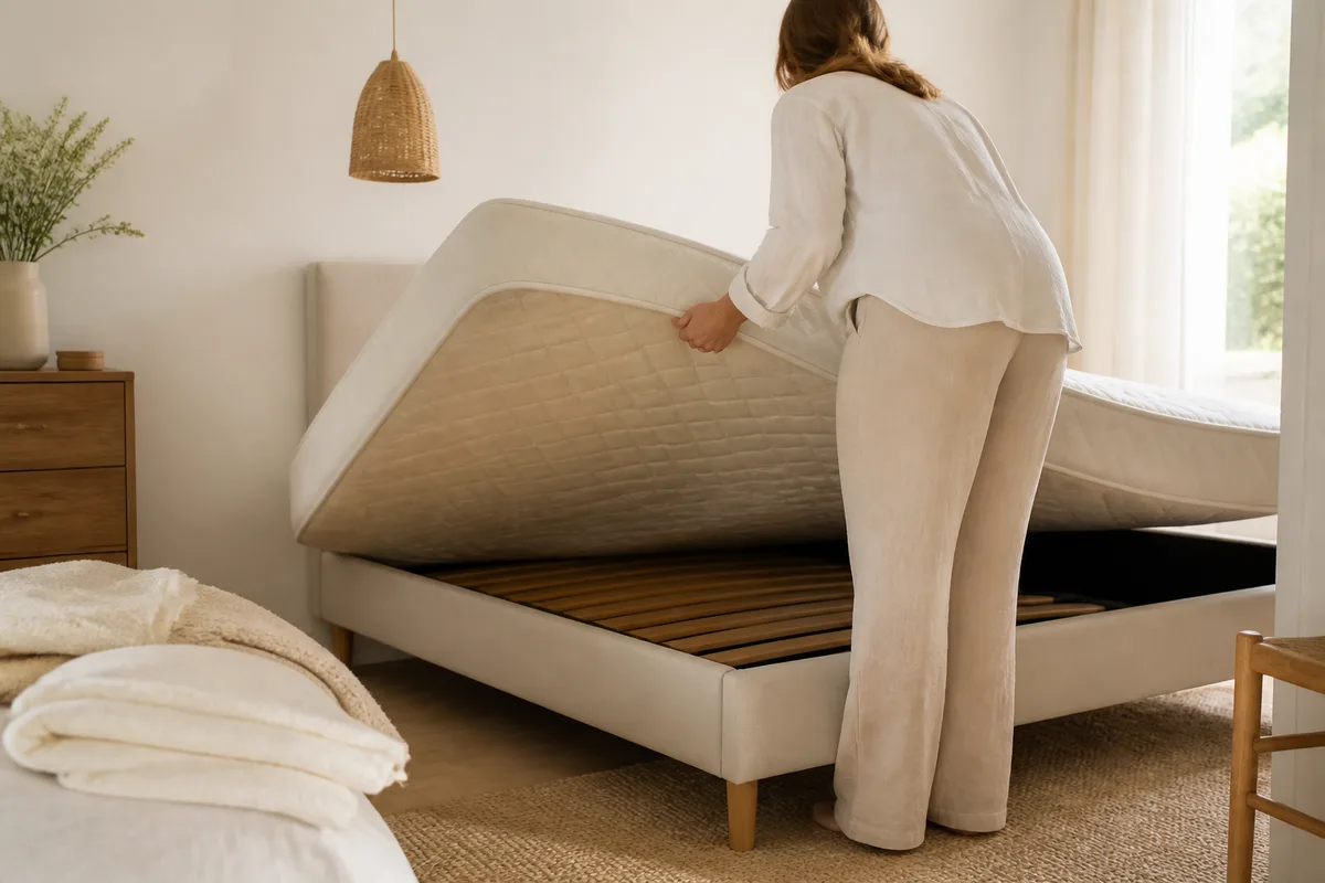 Personne retournant un matelas nu dans une chambre claire et aérée