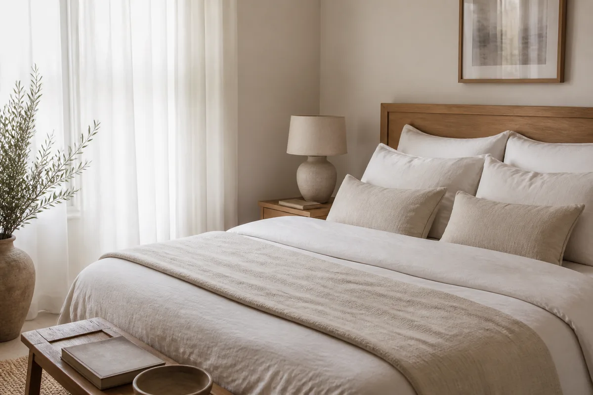 Chambre calme avec lit fait et lumière naturelle filtrée par un rideau clair