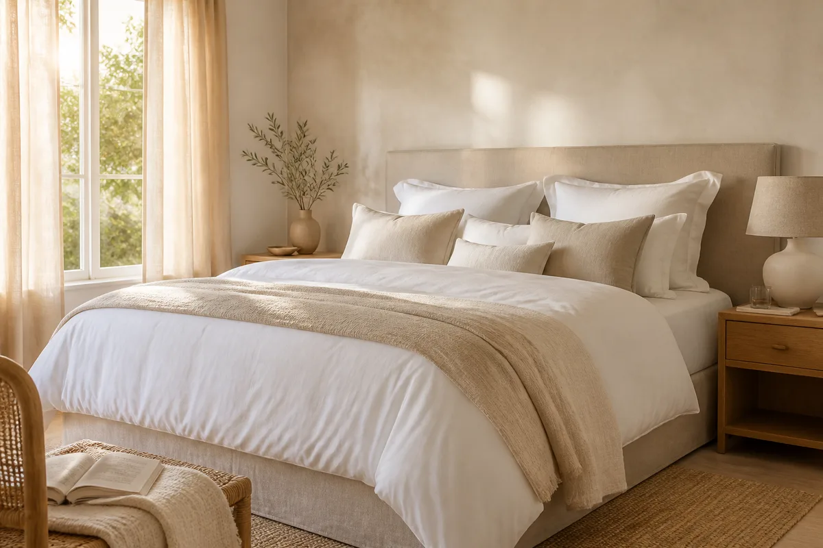 Chambre claire au lit large soigneusement fait, couette épaisse et oreillers gonflants près d'une fenêtre voilée