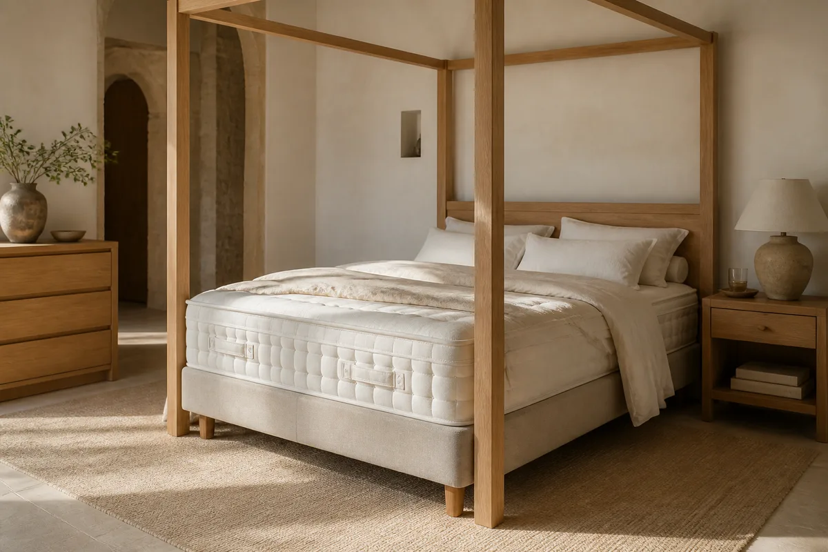 Matelas épais et sommier tapissier installés sous une structure de lit à dais en bois clair