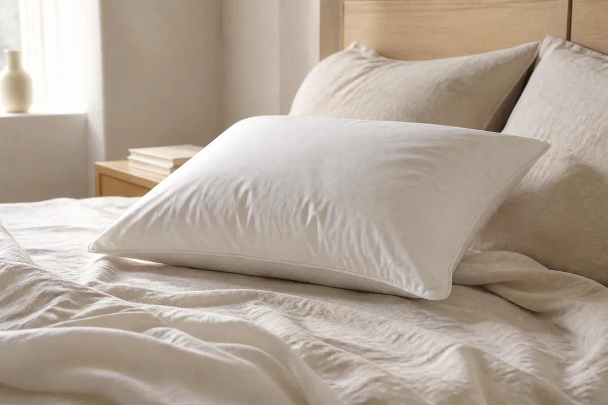 Oreiller en duvet posé sur un lit clair avec linge de lit en coton froissé